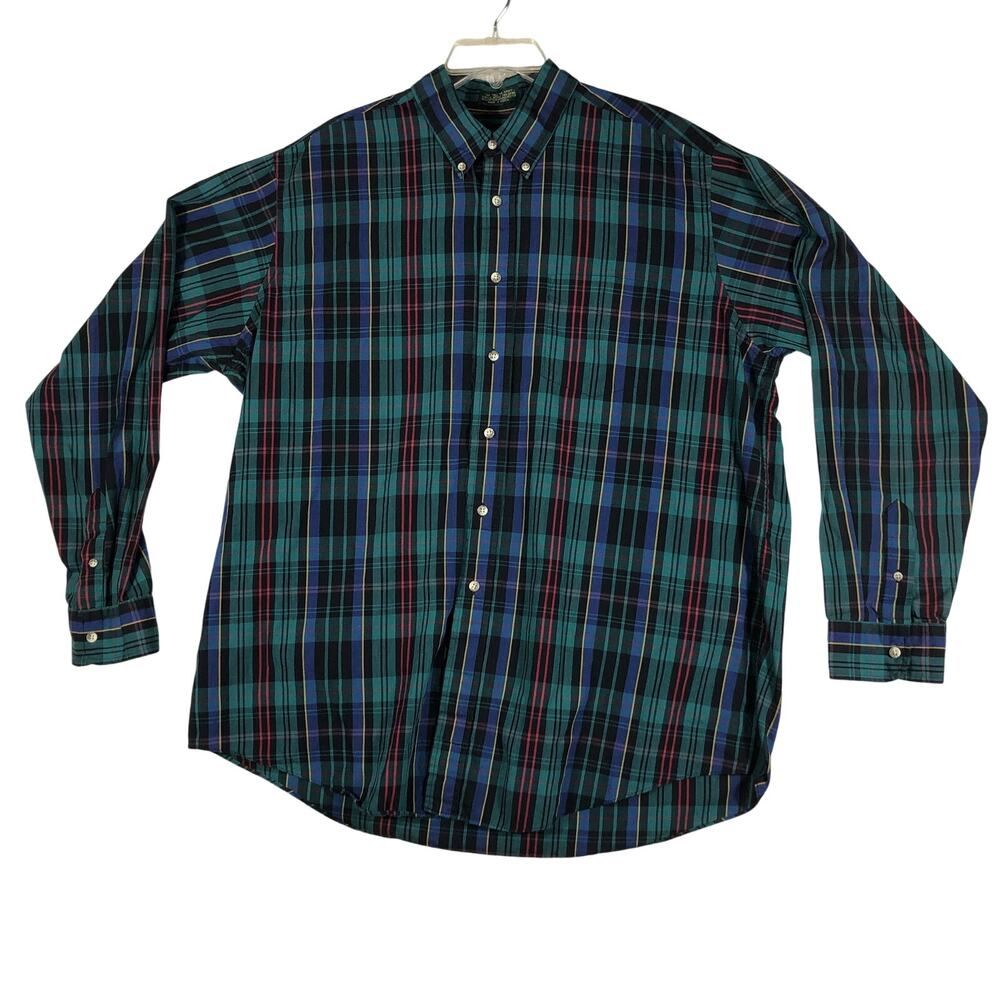 Saddlebred Plaid Long Sleeve Button Shirt Size XLT Blue Green Red Vintage
